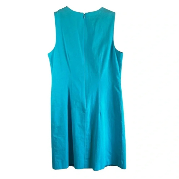 ELIZA J Linen Blend Turquoise Shift Dress Lined Gold Collar Applique Size 4 - Picture 3 of 10